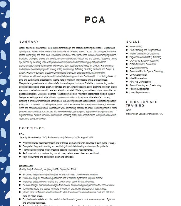 Pca Resume Example