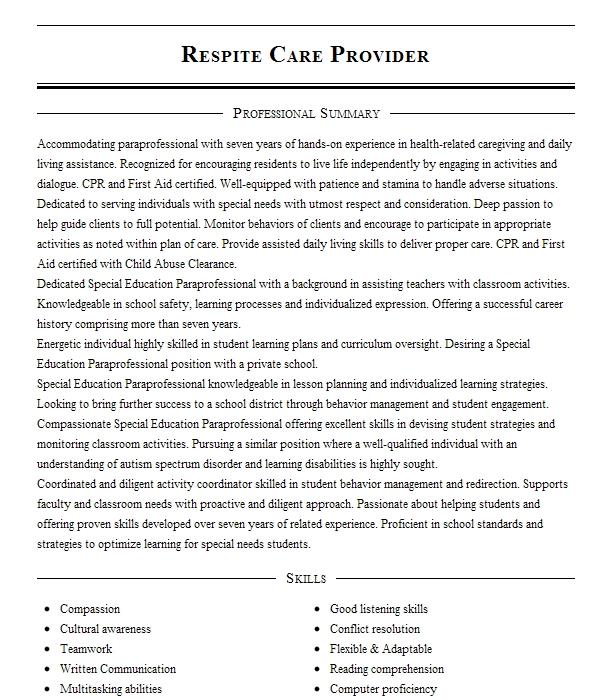 Respite Care Provider Resume Example