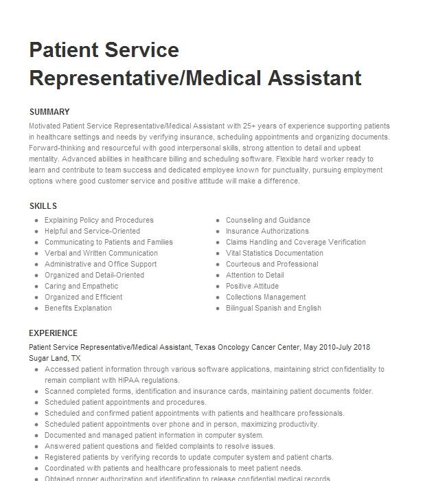 Medical Assistant Patient Service Representative Resume Example