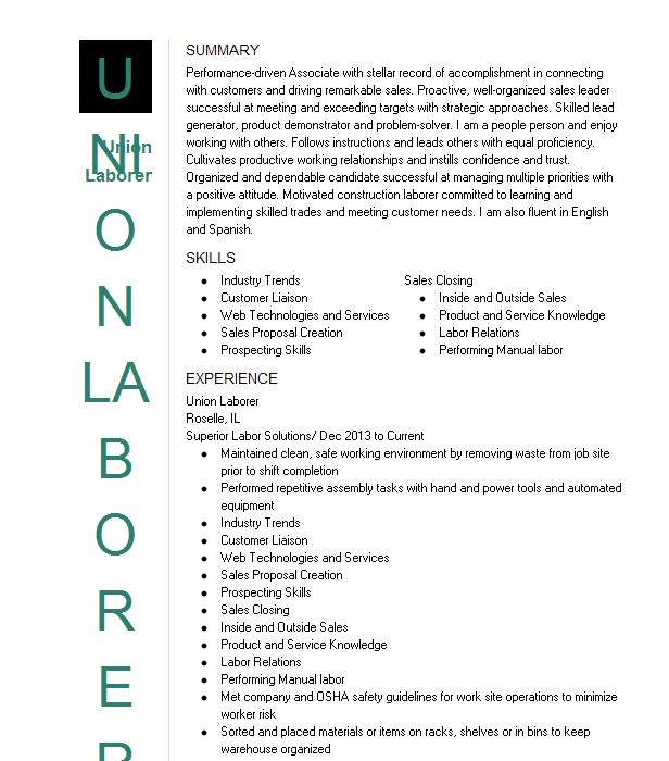 Union Laborer Resume Example