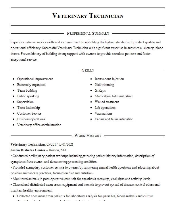 Veterinary Technician Resume Example