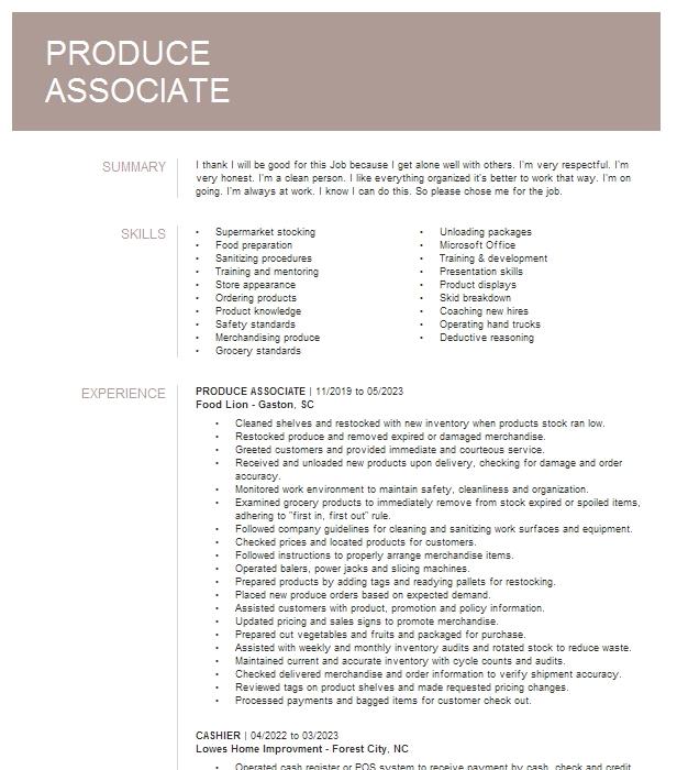 Produce Associate Resume Example