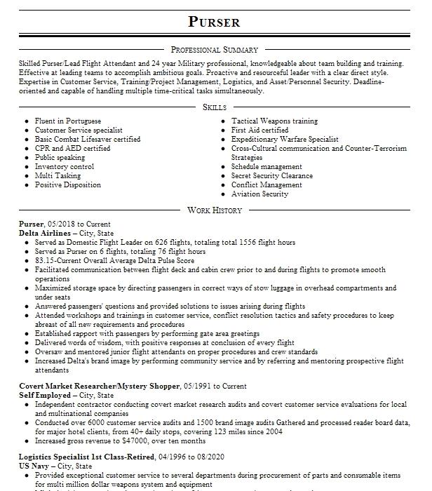 Crew Purser Resume Example