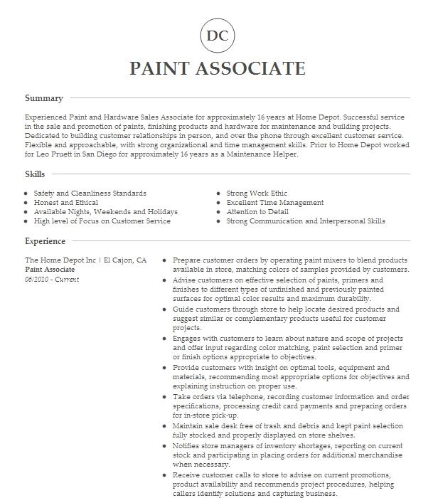 Paint Associate Resume Example