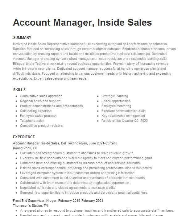 Account Manager, Inside Sales Resume Example