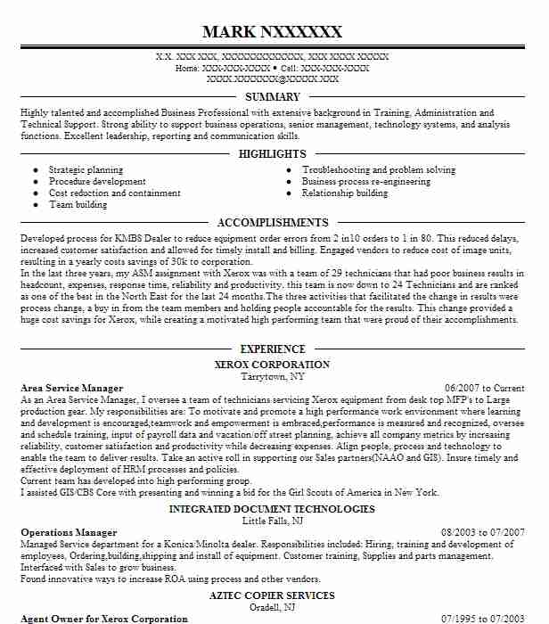 Area Service Manager Resume Example