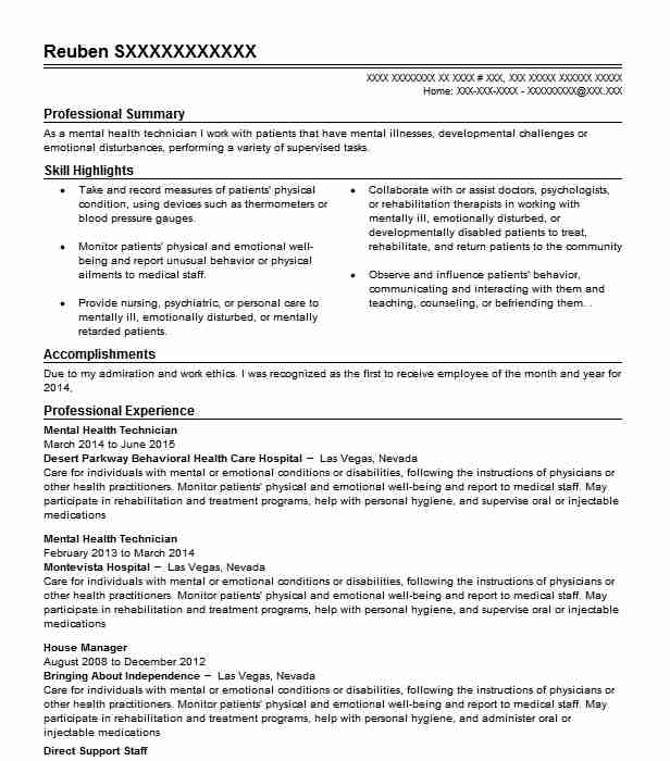 Mental Health Technician Resume Example