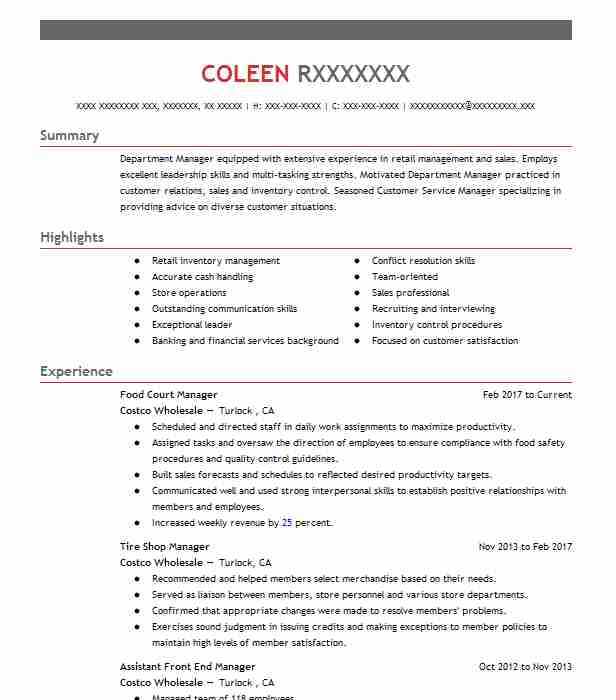 Food Court Manager Resume Example