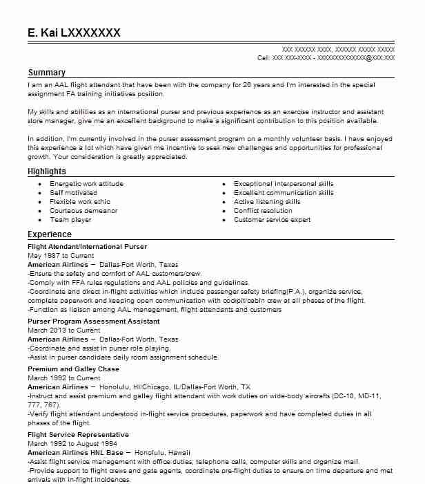 Flight Purser International Flight Attendant Resume Example