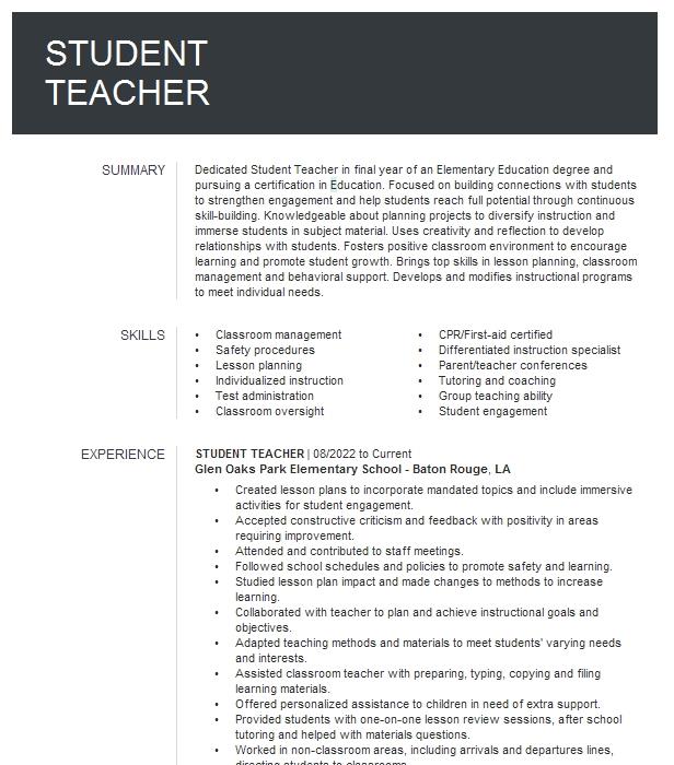 Student Teacher Resume Example