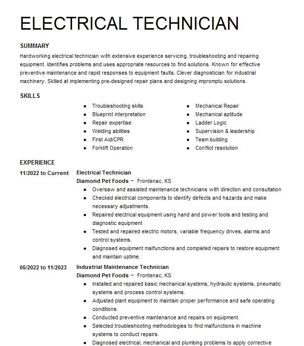 Industrial Maintenance Technician Resume Example