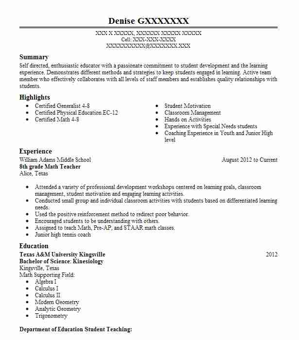 Stem Math Teacher 8th Grade Resume Example