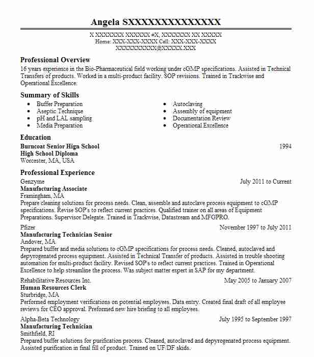 Manufacturing Associate Resume Example