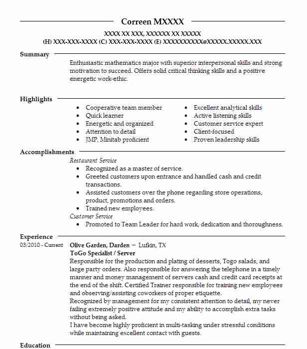 Olive Garden Server Job Description Resume | Fasci Garden