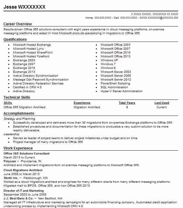 Office 365 Transformation Consultant Resume Example