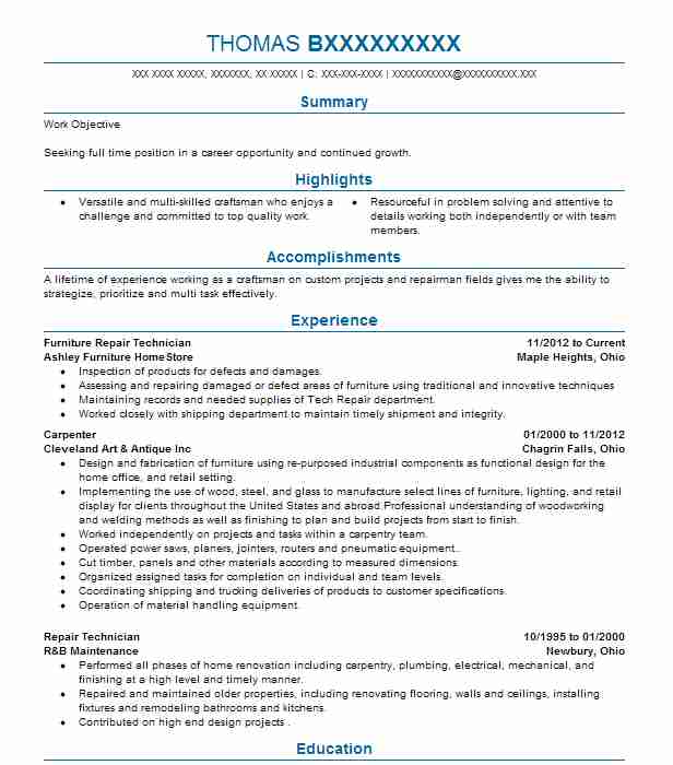 Furniture Repair Technician Resume Example