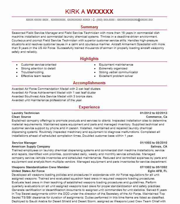 Laundry Technician Resume Example