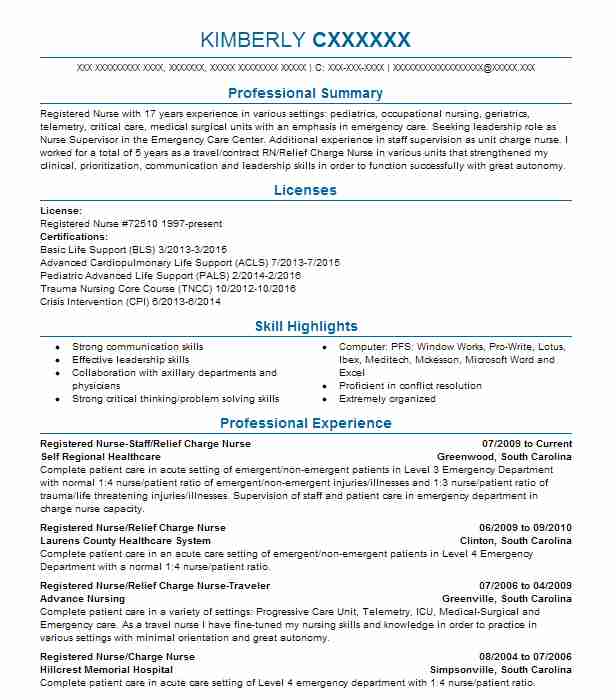 Staff Nurse Relief Charge Nurse Resume Example