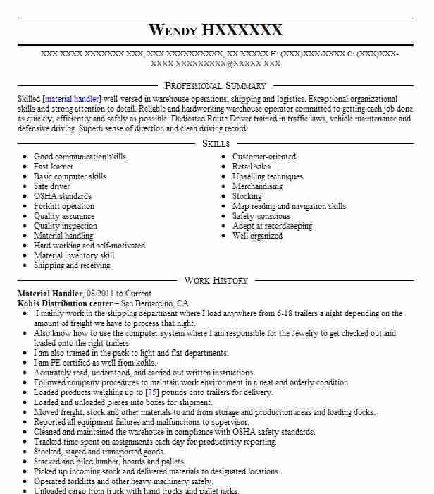 Material Handler Resume Example