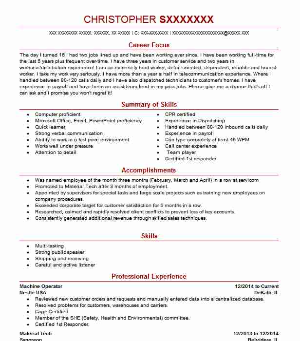 Machine Operator Resume Example