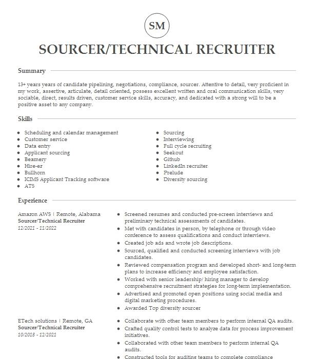 Healthcare Sourcer Technical Recruiter Manager Resume Example