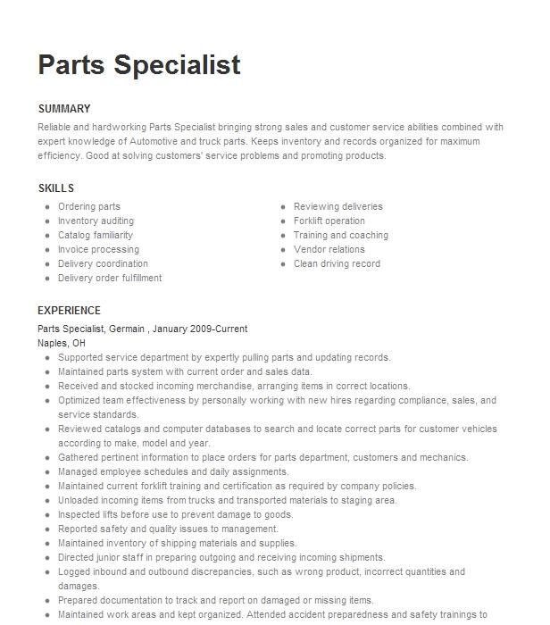 Parts Specialist Resume Example