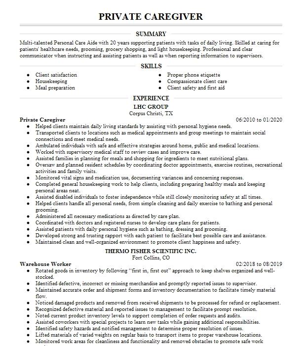 Private Caregiver Resume Example