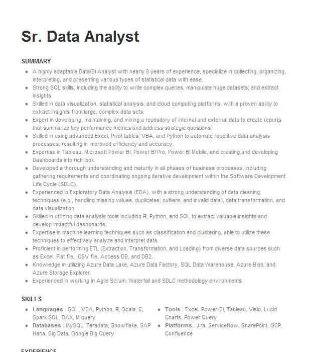 Sr. Data Analyst Resume Example