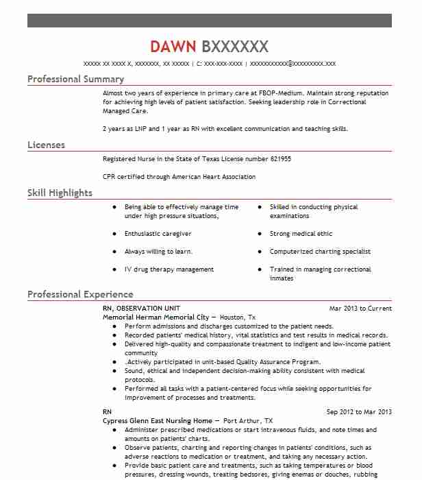 Rn Floor Nurse Outpatient Observation Unit Resume Example