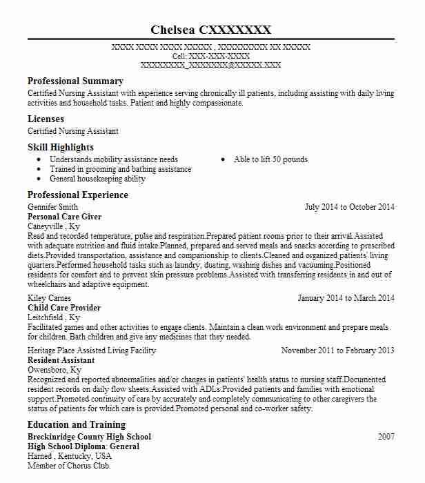 Personal Care Giver Resume Example