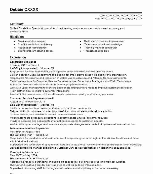 Escalation Specialist Resume Example