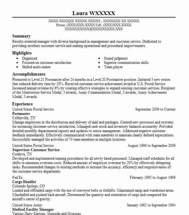 Postmaster Curwensvillle Retired Resume Example