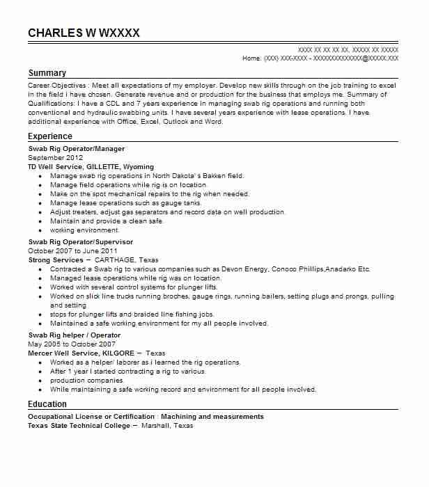 Rig Operator Rig Manager Resume Example