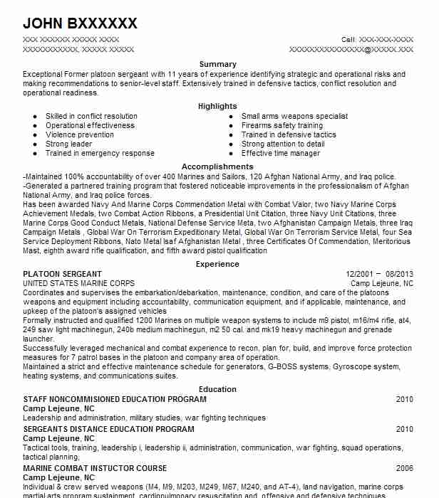 Motor Sergeant Platoon Sergeant Resume Example