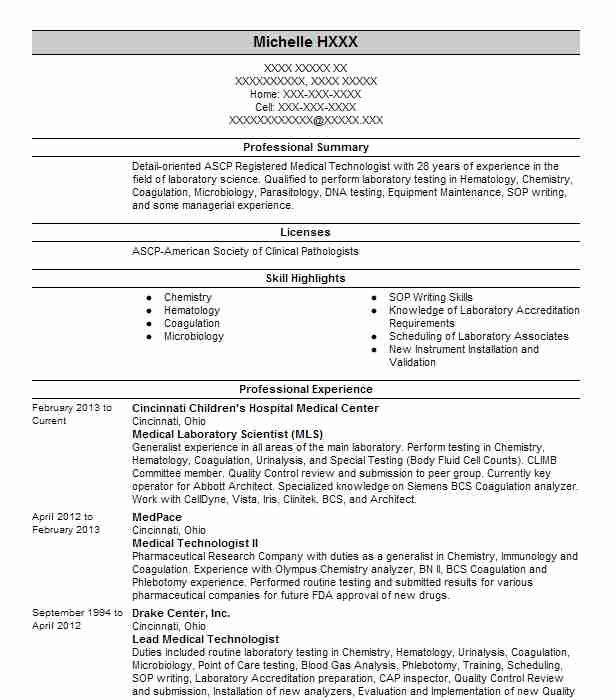 Group Lead, Medical Laboratory Scientist Resume Example