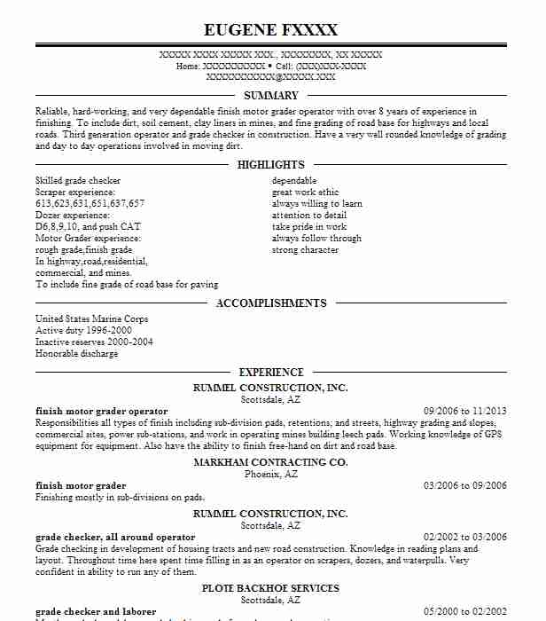 Finish Motor Grader Operator Resume Example