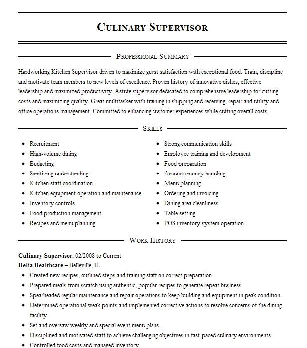 Culinary Supervisor Resume Example