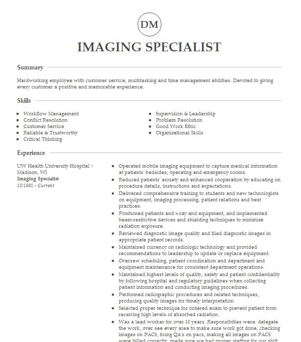 Imaging Specialist Resume Example 6340