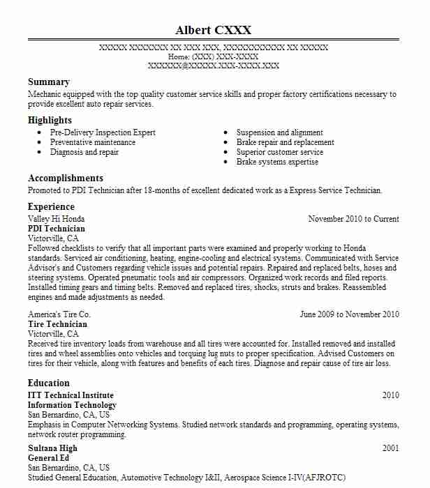 Pdi Technician Resume Example