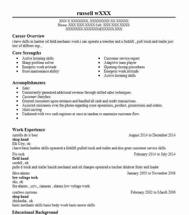 Shop Hand Resume Example