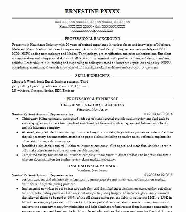 Senior Patient Account Representative Resume Example