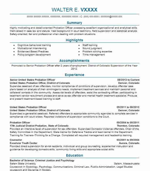 Senior United States Probation Officer Resume Example