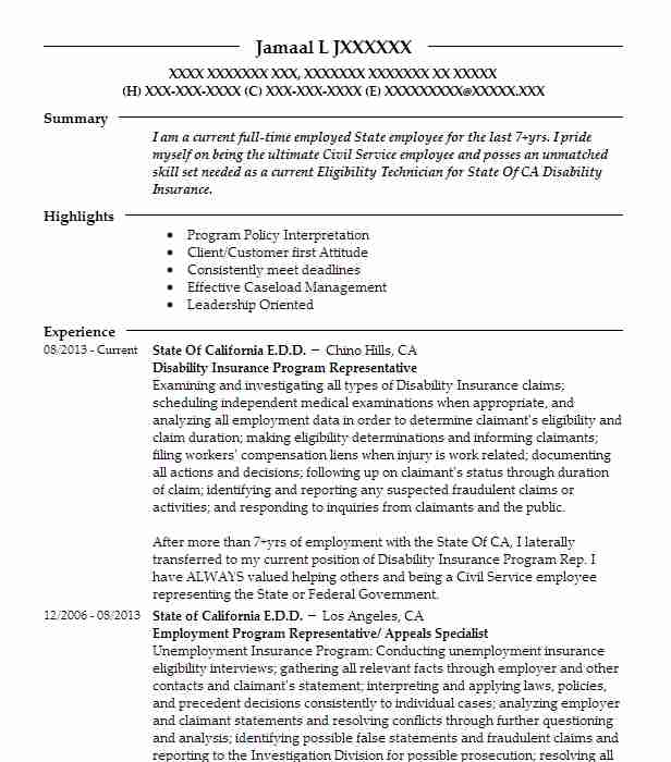 Medical Disability Program Specialist Resume Example