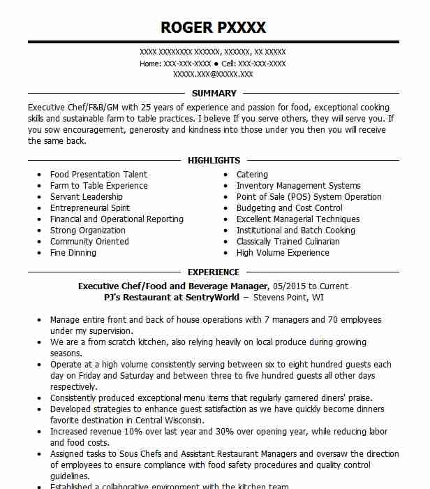 Assistant Director Of Food Beverage Executive Sous Chef Resume Example