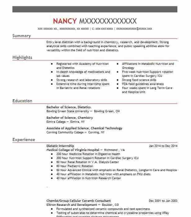 Dietetic Internship Resume Example