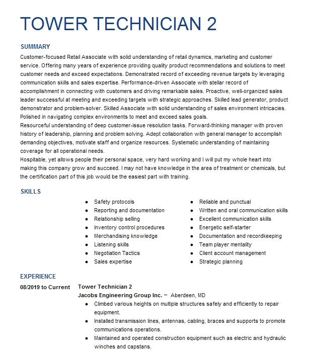 Tower Technician 2 Resume Example