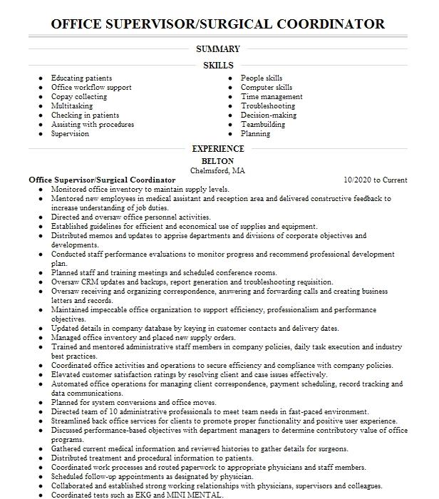 Supervisor Surgical Coordinator Resume Example