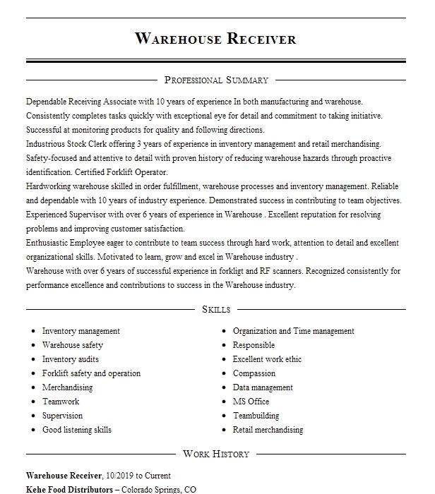 Warehouse Receiver Resume Example