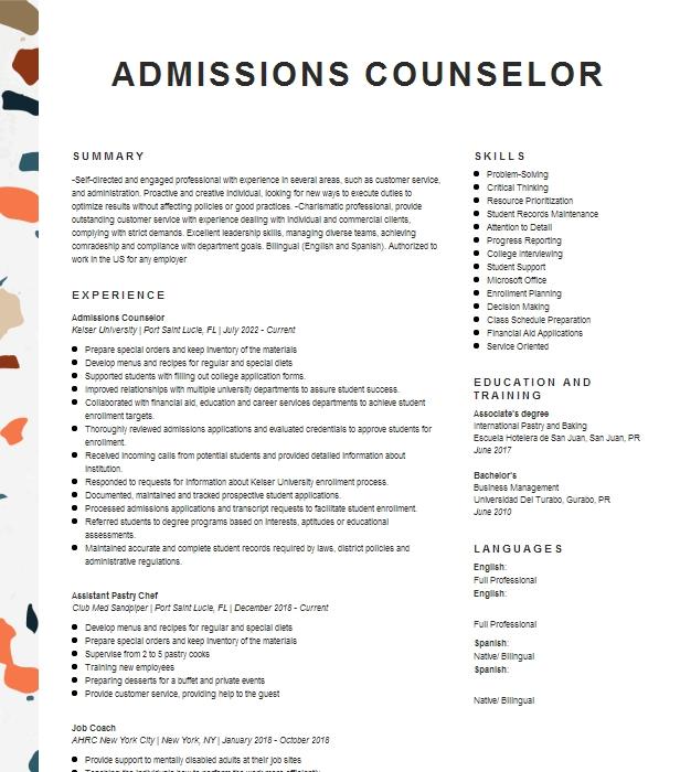 Admissions Counselor Resume Example