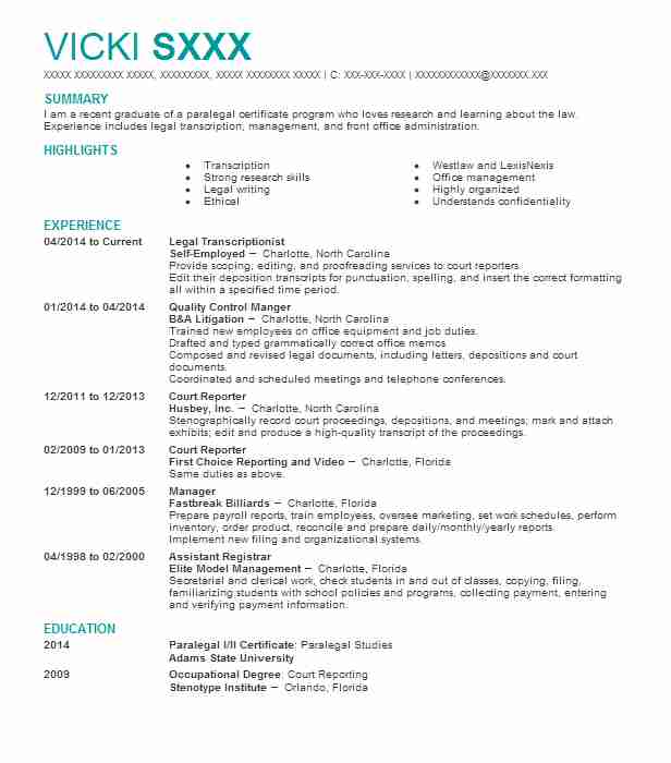 Legal Transcriptionist Resume Example